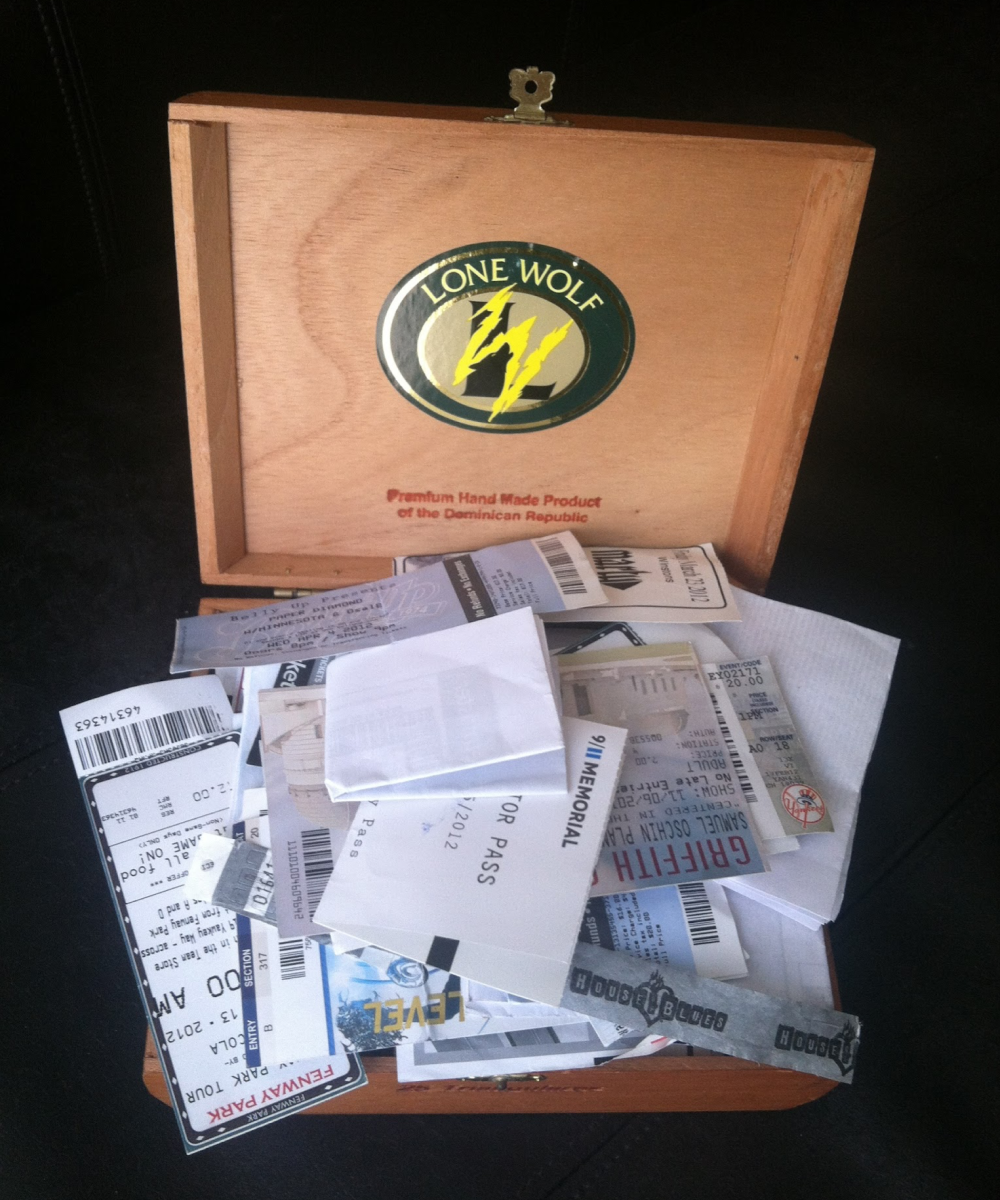 Old ticket stubs and memorabilia in a cigar box, the kind of scattered fan history Ticket Timeline organizes